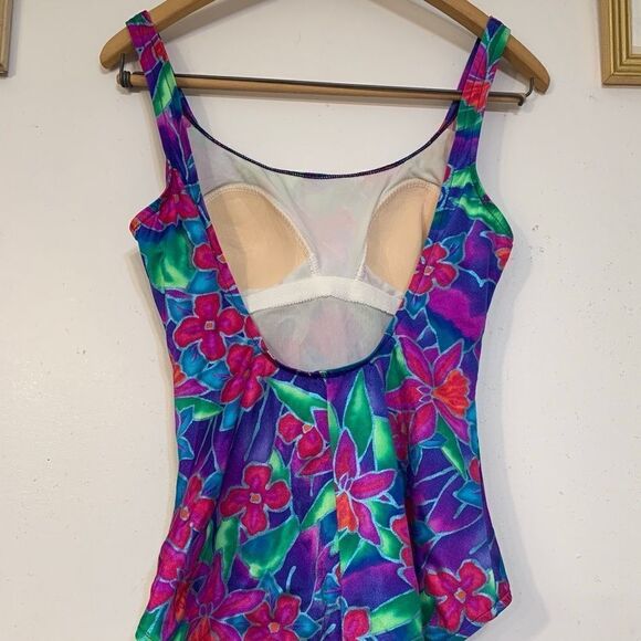 𝅺vintage 80’s Metallic Shimmer Floral One Piece XL - Picture 4 of 7